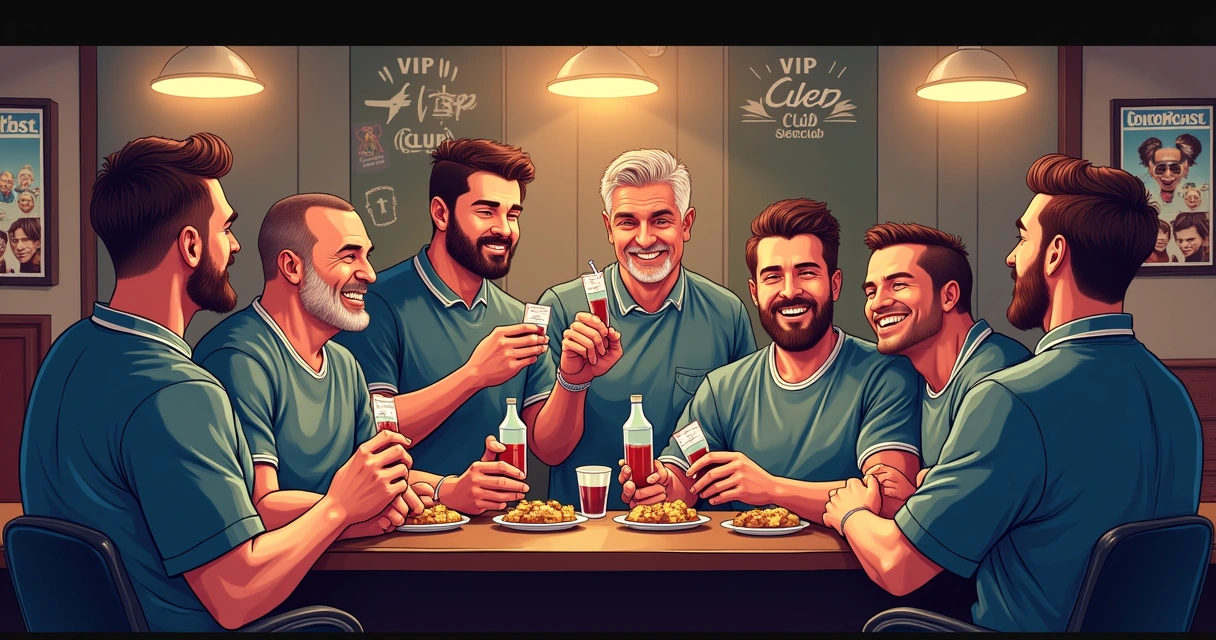 Barbeiros e clientes celebrando em evento exclusivo do clube de fidelidade 