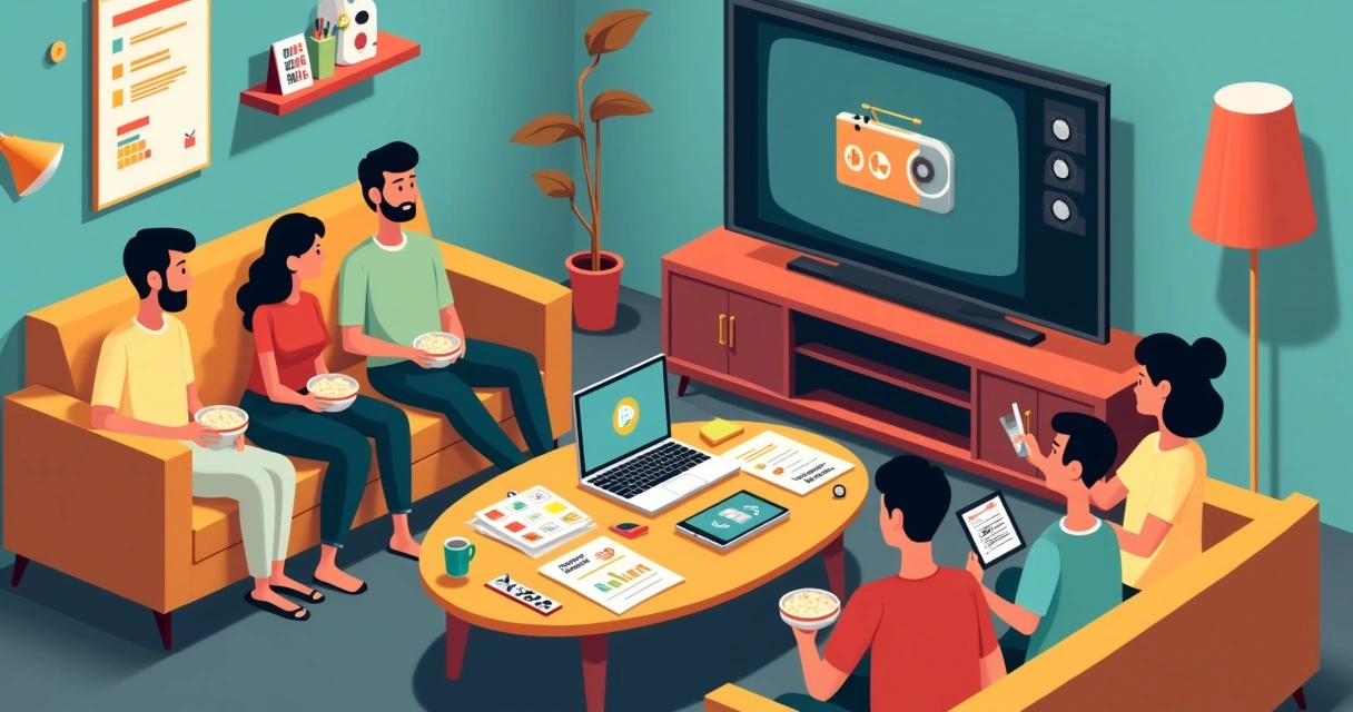 Grupo de amigos em sala moderna organizando clube de filmes retrô 