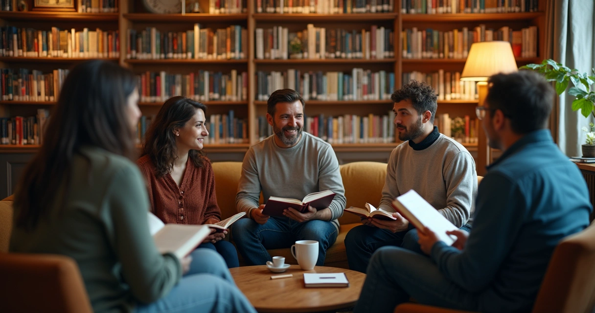 Pessoas sentadas em círculo trocando ideias sobre livros, dentro de uma biblioteca confortável, com estantes e luz suave