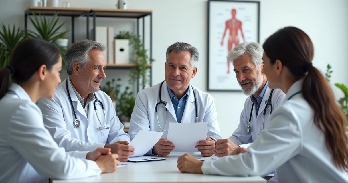 Grupo de médicos reunidos em consultório discutindo proteção financeira 