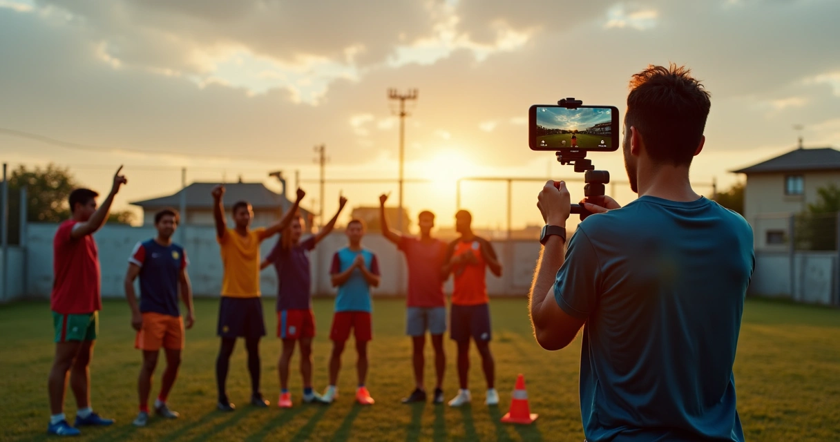 Jogadores de clube pequeno comemorando gol enquanto staff grava com celular na beira do campo 