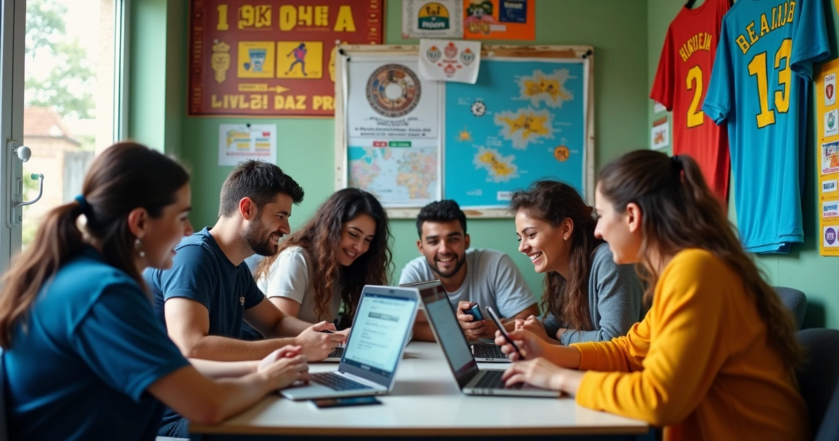 Sala com jovens administrando redes sociais de clube pequeno 