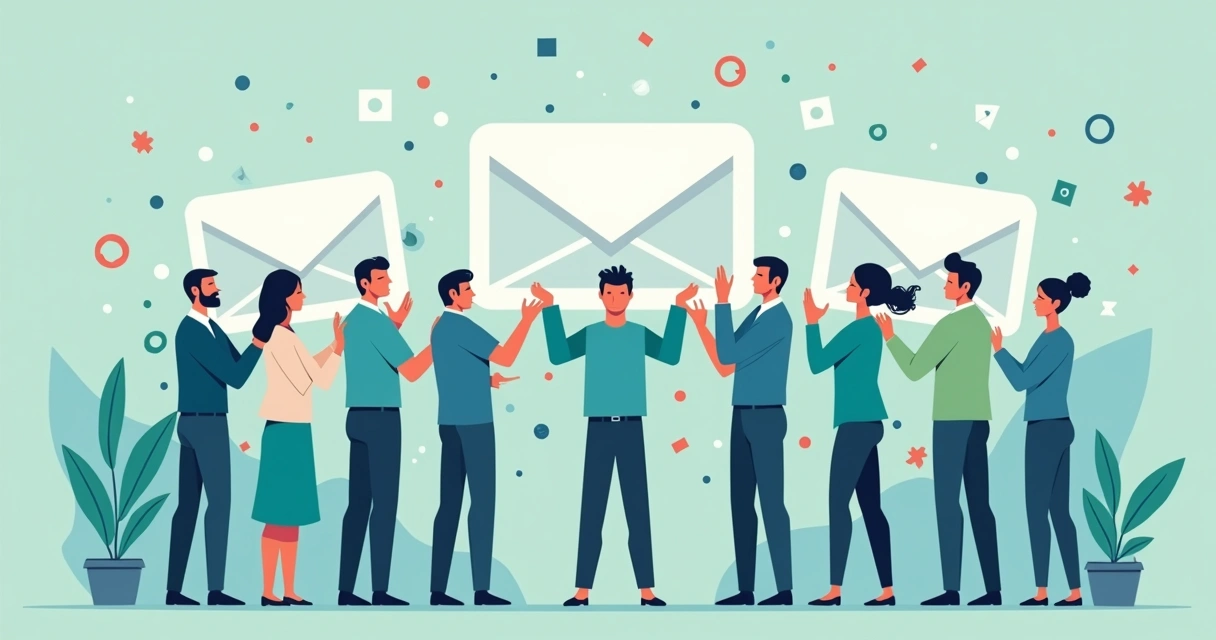 Grupo de pessoas animadas cercadas por envelopes de email