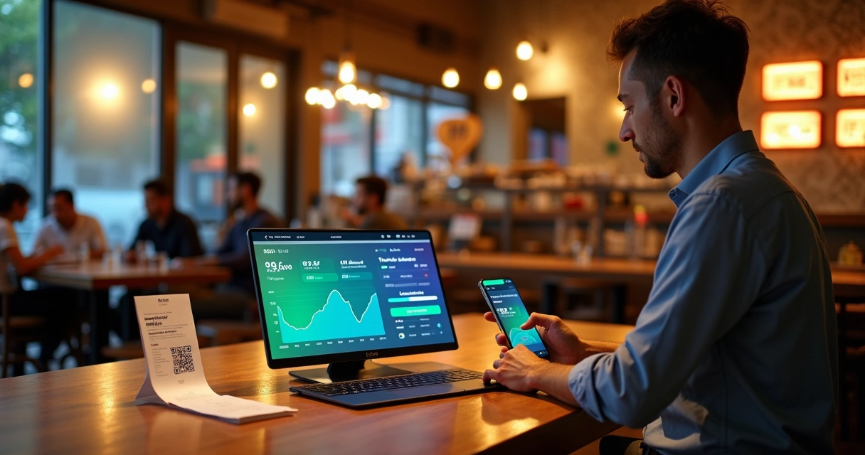 Gestor de restaurante feliz analisando economia em sistema digital integrado 