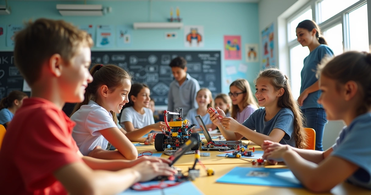 Alunos usando kits de robótica com LEGO Education. 
