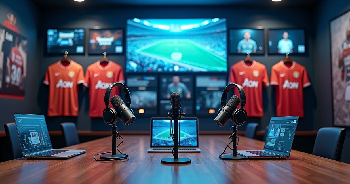 Mesa de estúdio com camisas de futebol e microfones ligados a várias telas digitais 