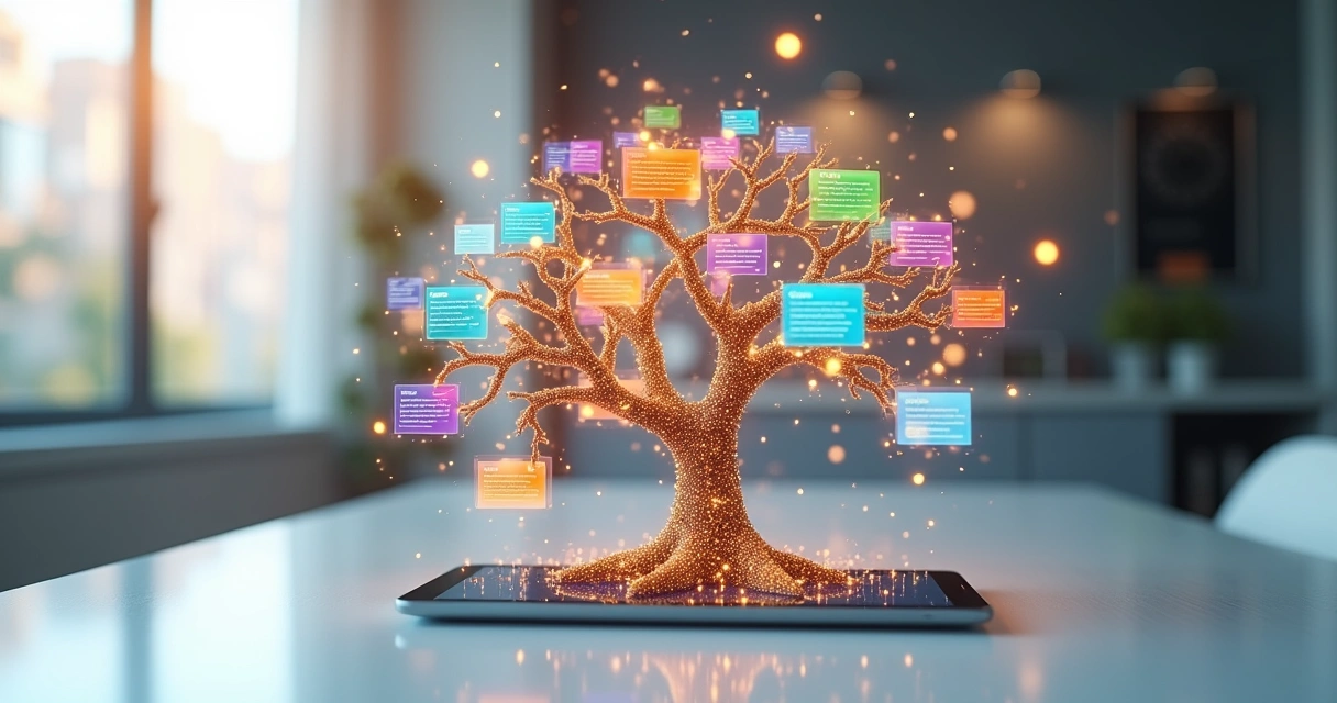 Ilustração de árvore digital com ícones de posts formando clusters de conteúdo 
