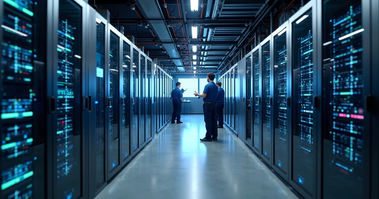 Cluster de servidores conectados em data center moderno 