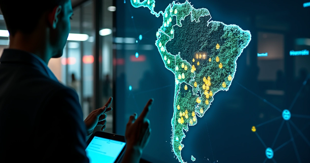 Mapa digital com grupos de ícones de imóveis formando clusters coloridos 