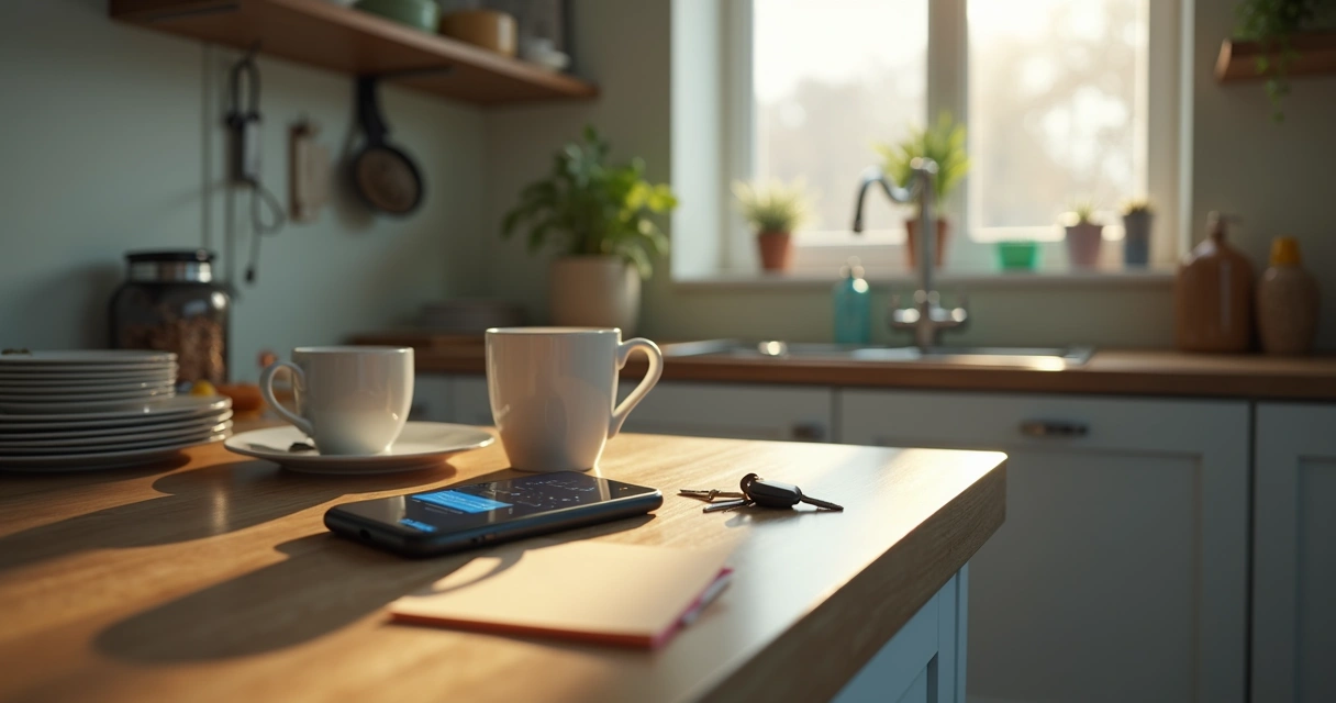 Cluttered kitchen counter with phone, dishes, and notes