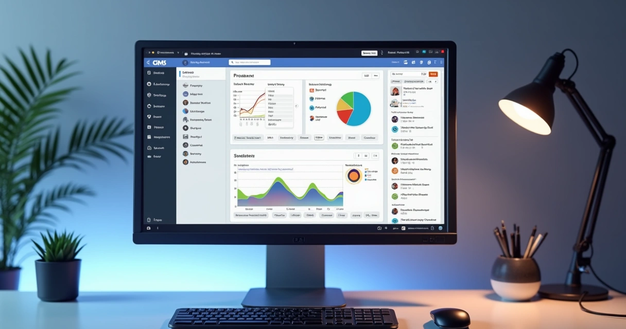 Painel de controle intuitivo de um CMS com menus e opções de edição de conteúdo 