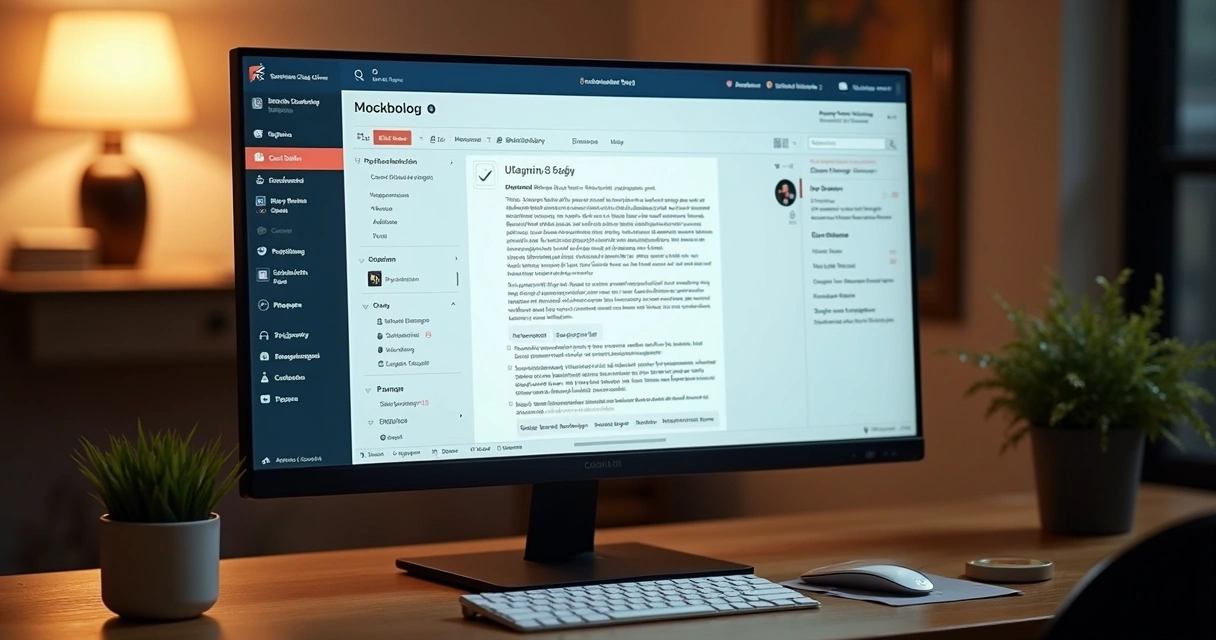 CMS dashboard interface on large monitor in workspace 