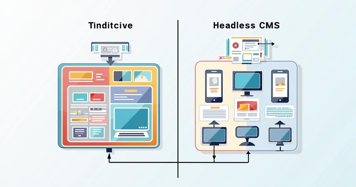 Comparação visual entre conteúdo Headless CMS e CMS tradicional 