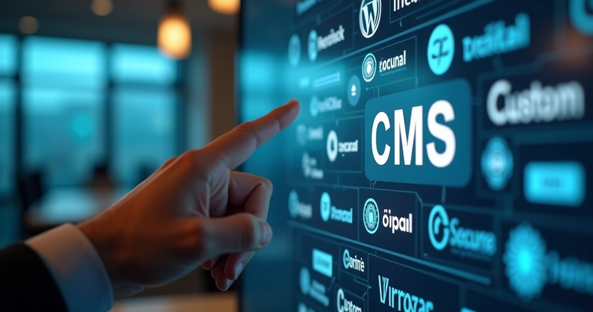 Selection of CMS logos on digital screen, client pointing to WordPress and Drupal 