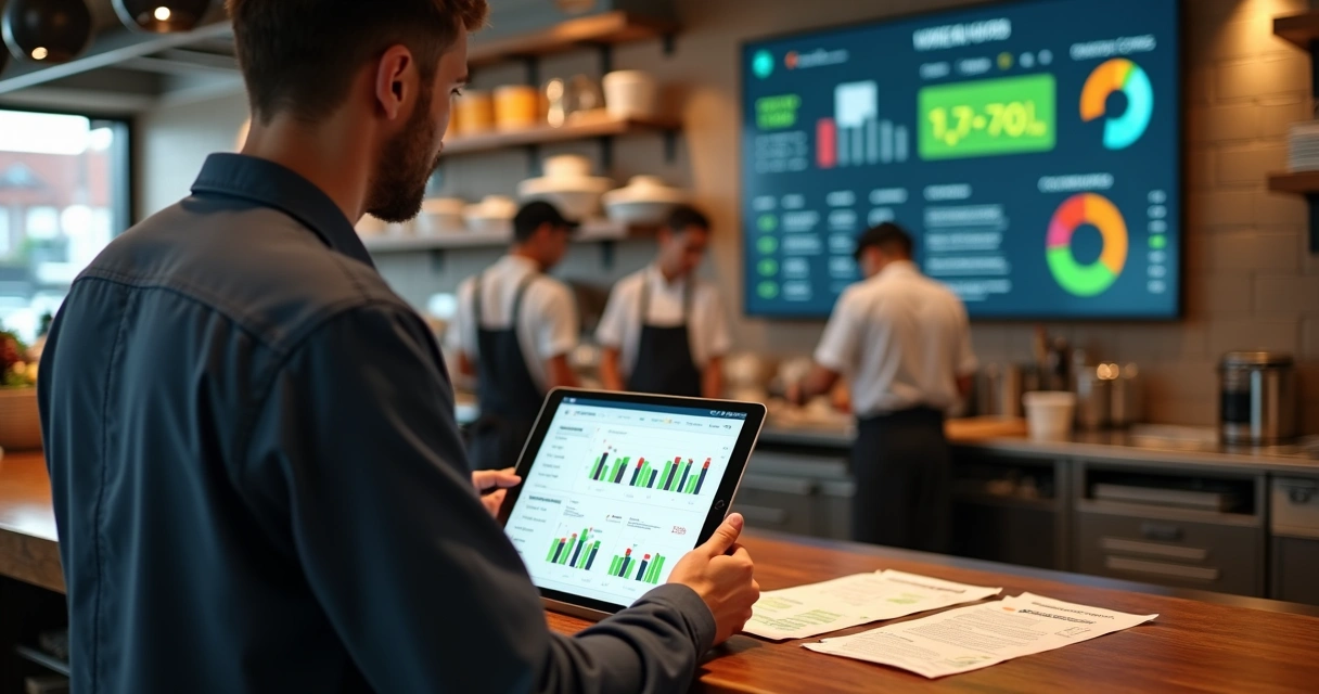 Dono de restaurante analisando custos e CMV em painel digital na cozinha 