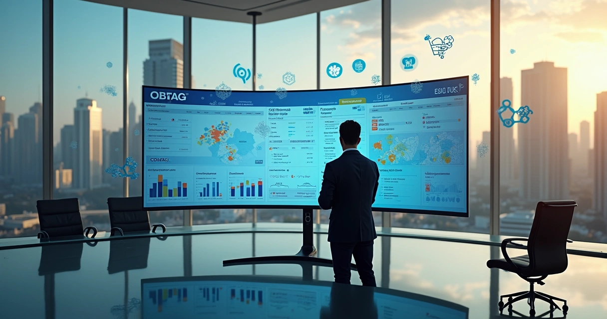Executivo analisa painel digital com códigos CNAE e setores B2B 