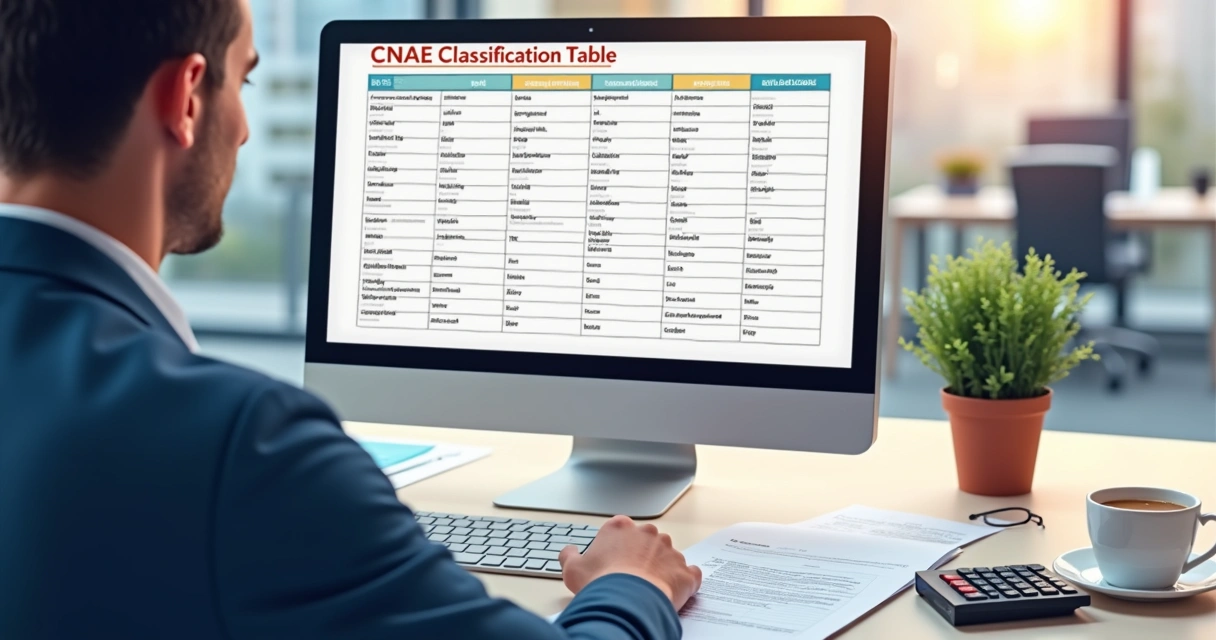 Tabela de CNAE exibida em tela de computador com empresário analisando opções