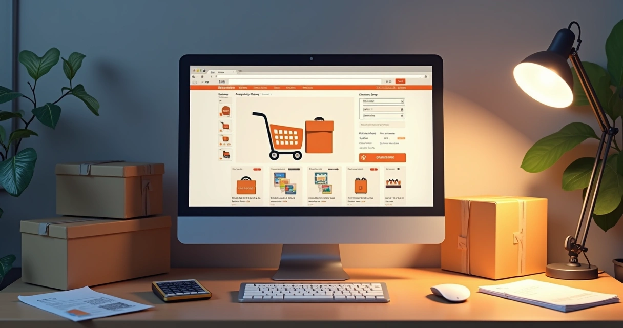 Ilustração de uma loja virtual com produtos e carrinho de compras na tela de um notebook