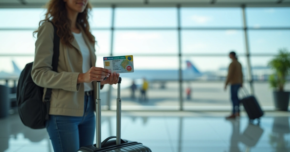 Mulher segurando CNH brasileira em aeroporto internacional com mala de viagem 