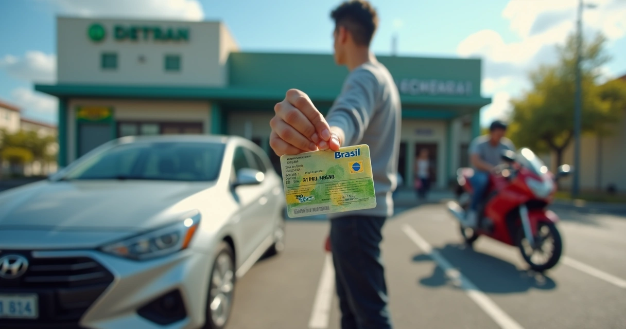 Pessoa segurando CNH ao lado de carro e moto 