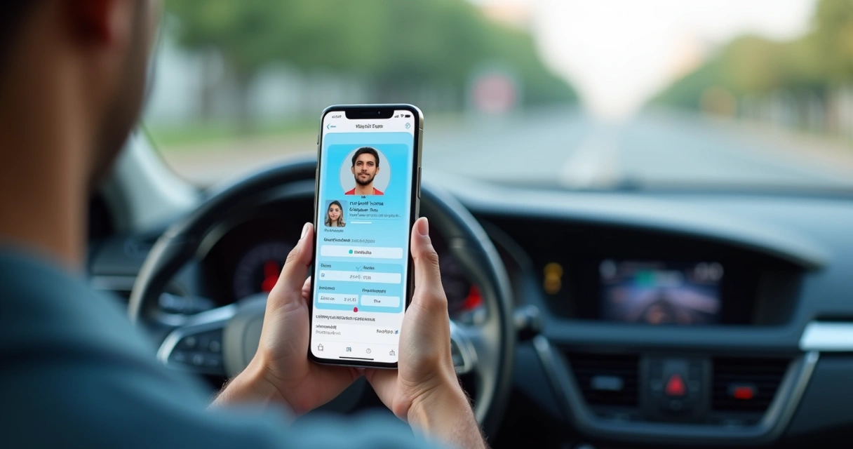 Motorista exibindo a CNH digital na tela do celular em frente ao carro 