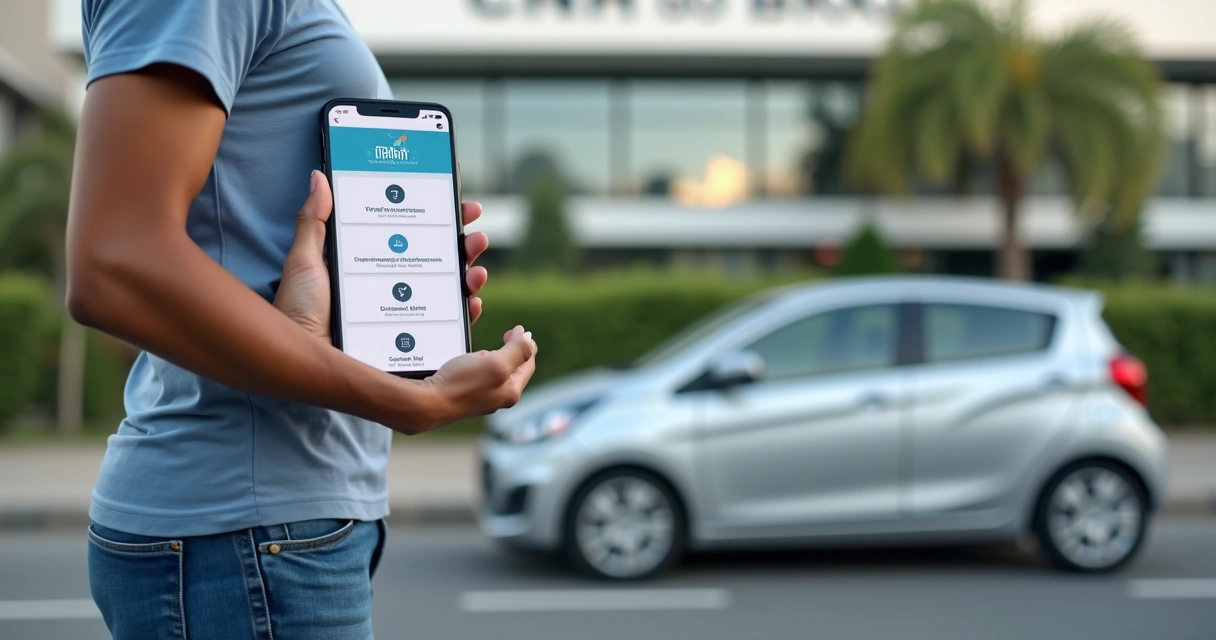 Jovem segurando celular com aplicativo de CNH aberto ao lado de carro e prédio do Detran 