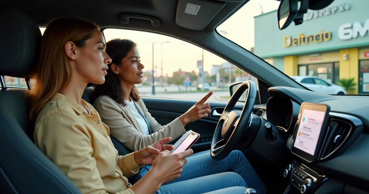 Jovem usando aplicativo CNH do Brasil ao lado de instrutor em carro de aula prática 