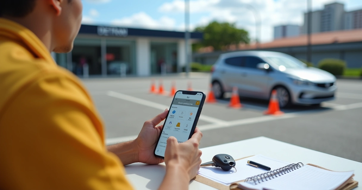 Jovem usando app da CNH no celular ao lado de carro para aulas práticas 