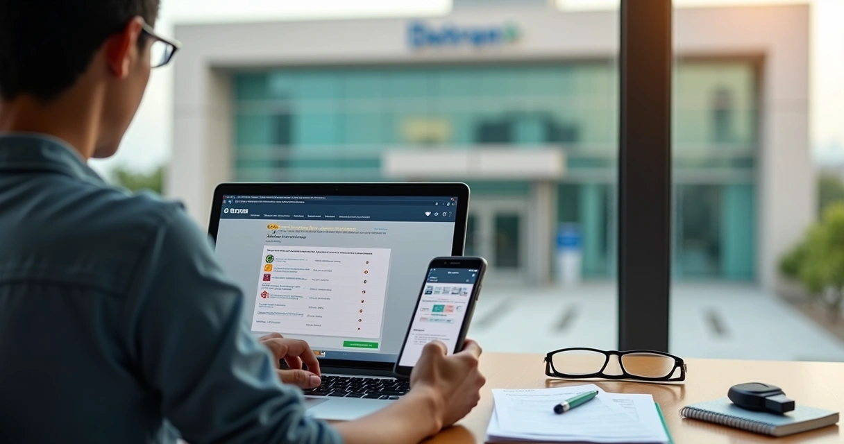 Jovem estudando online para tirar CNH com celular em frente ao Detran 