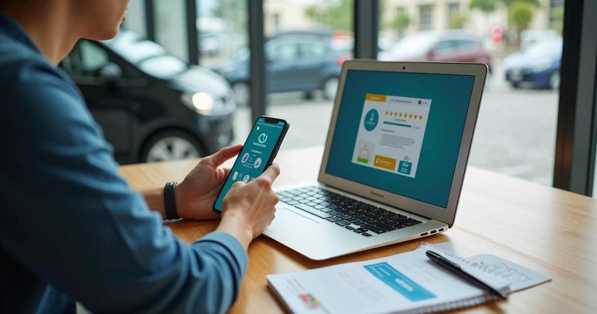 Jovem estudando para tirar CNH pelo celular em frente ao Detran 