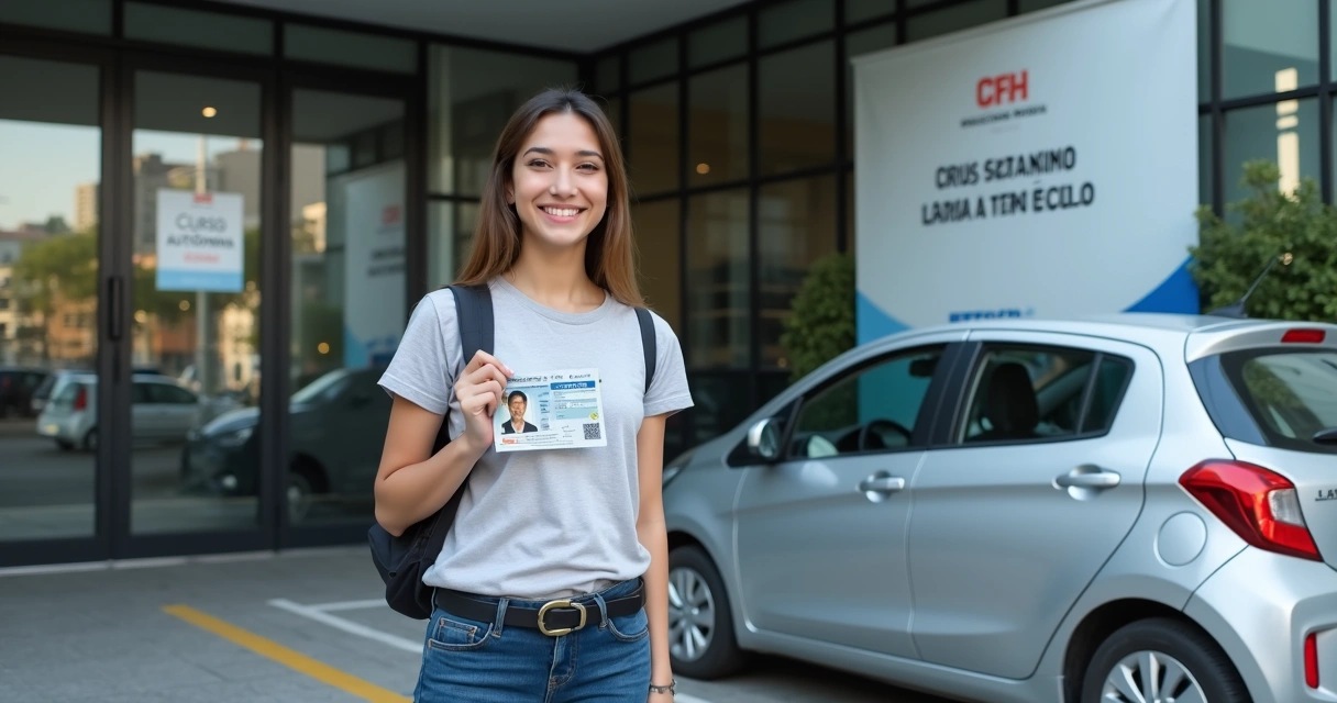 Jovem segurando carteira de habilitação ao lado de carro em frente a prédio do Detran 