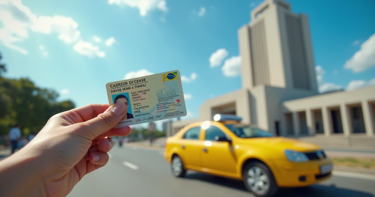Motorista segurando CNH em destaque com Congresso ao fundo e placa de autoescola desfocada 