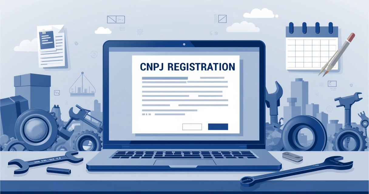 Escrita sobre CNPJ e vendas de autopeças, com computador e peças automotivas organizadas.