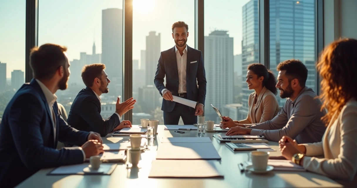 Empresário segurando um contrato, ao fundo equipe celebra acordo 