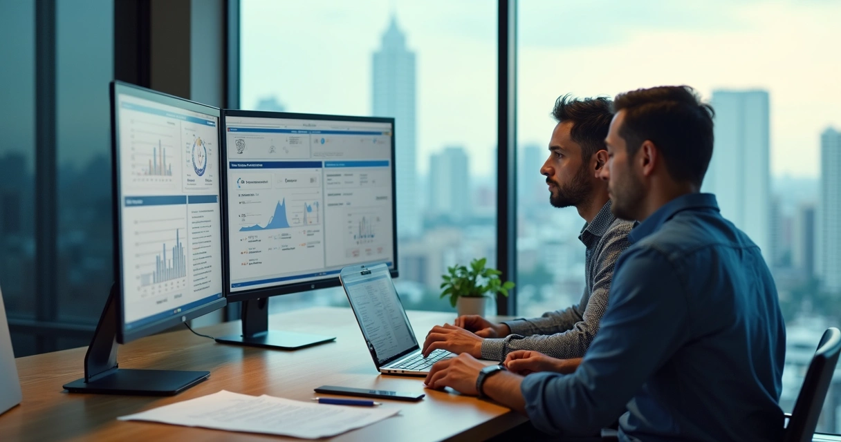 Fundadores de SaaS analisando documentos de CNPJ em escritório moderno de tecnologia 