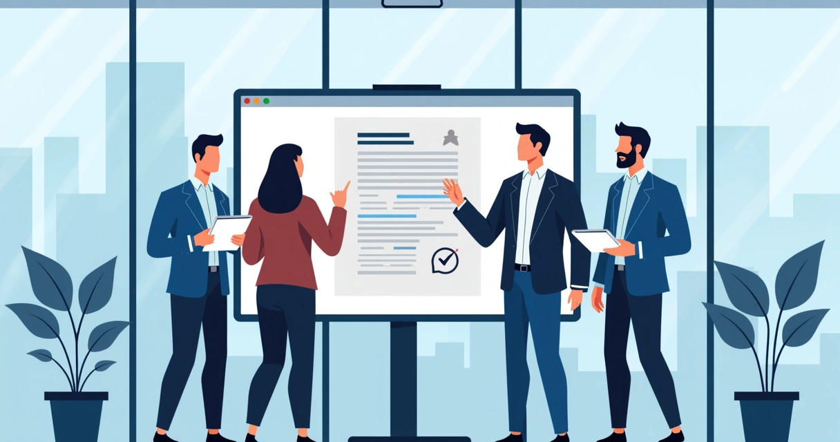 Gestores e equipe revisando juntos documentos em uma tela grande de conferência 