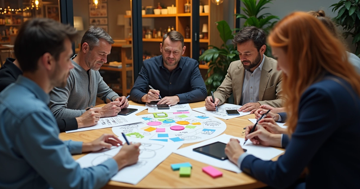 Reunião criativa com pessoas discutindo e desenhando ideias para identidade visual 