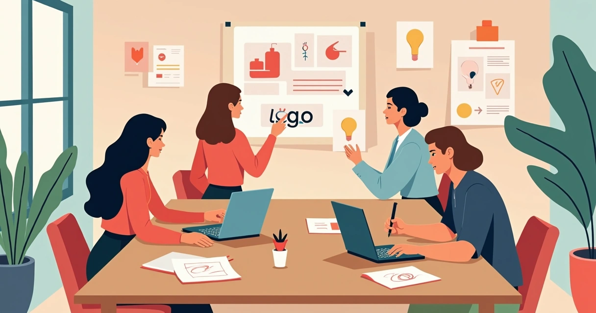 Equipe de design e cliente co-criando marca em mesa colaborativa 