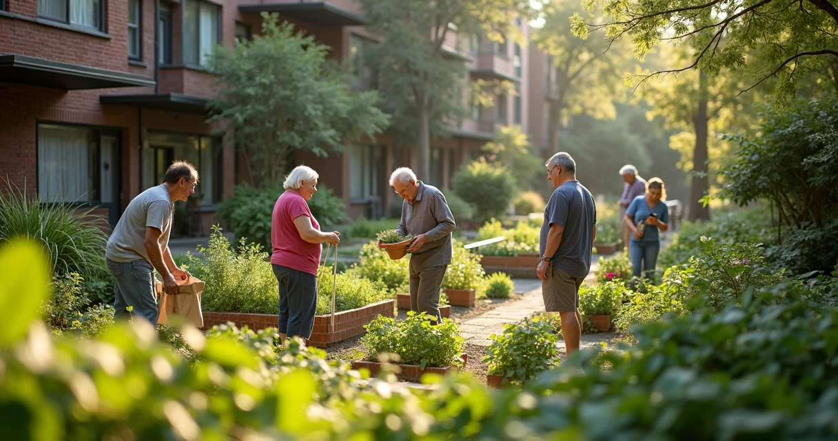 Community tending garden at co-op housing complex