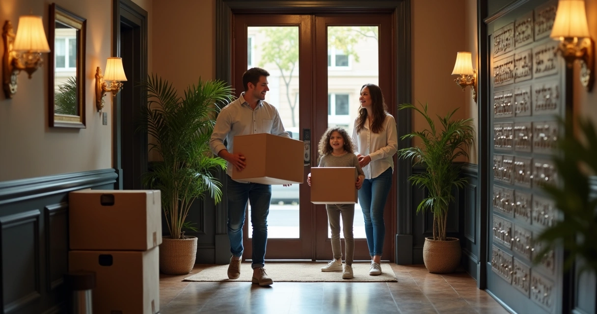 Family moving boxes into a co-op apartment building