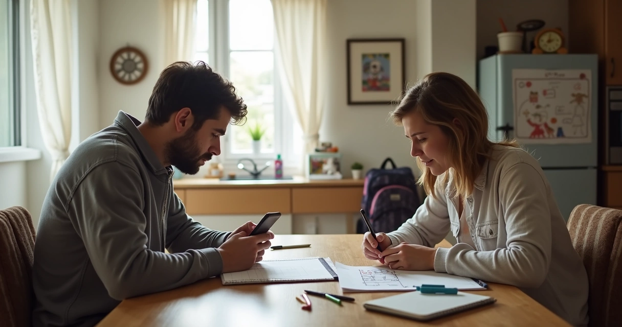 Two parents reviewing a child schedule at a kitchen table