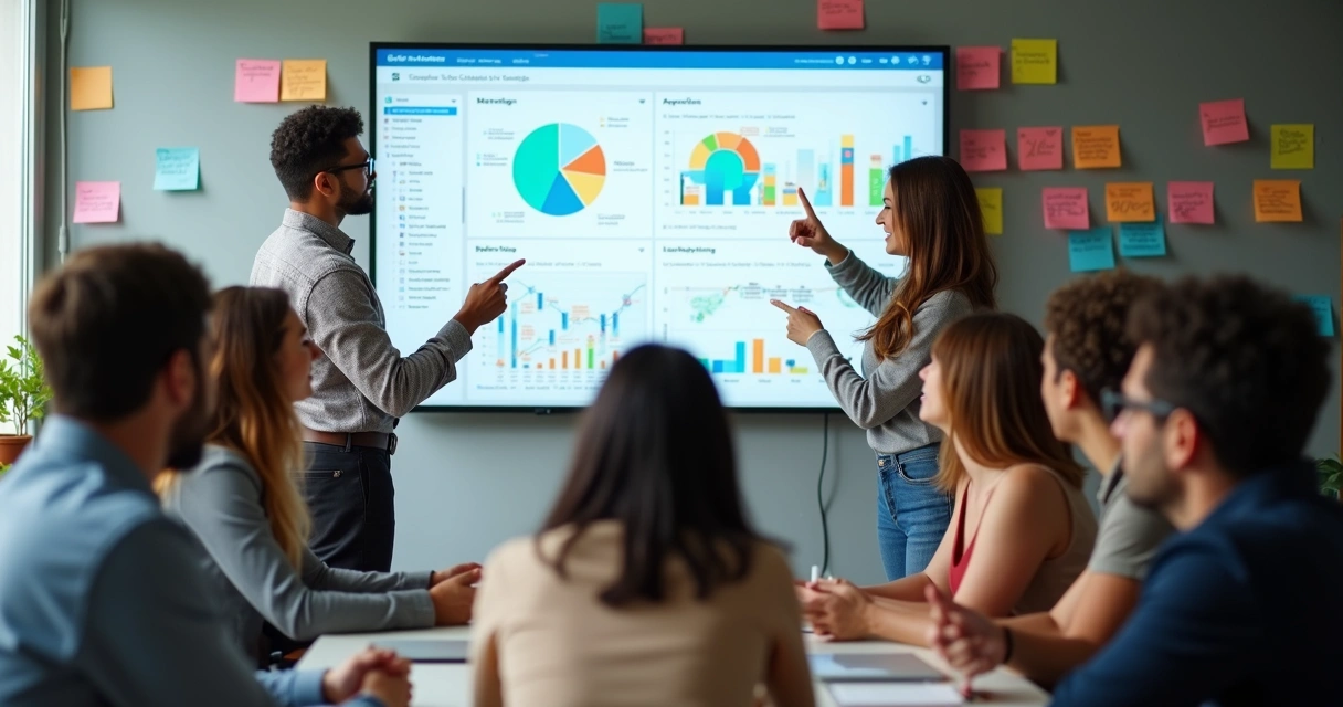 Equipe diversa reunida em coworking discutindo projetos de marketing de influência 