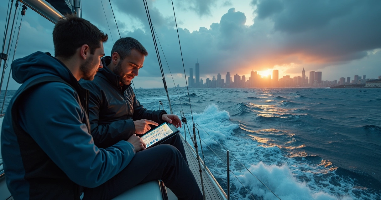 Coach orienta profissional em barco pequeno cercado por mar agitado e cidade ao fundo 