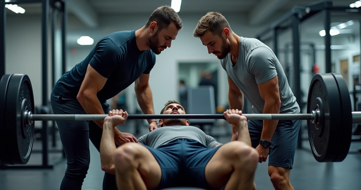 Personal trainer auxiliando atleta durante execução do supino