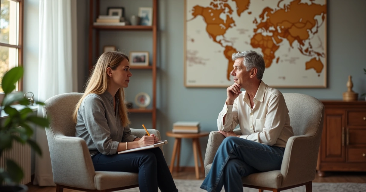 Coach and client in session with cultural symbols in the background 