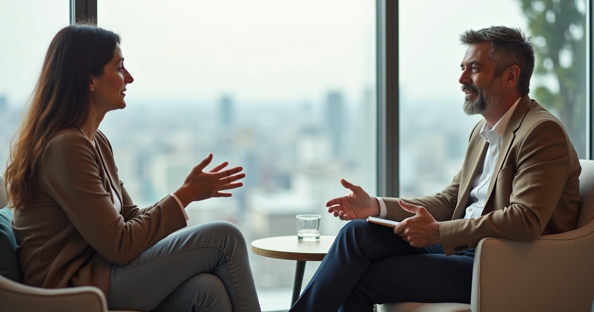 Coach escuta coachee em diálogo profundo em sala moderna de coaching 