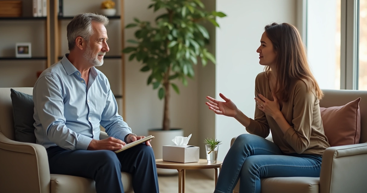 Coach atento escuta coachee em sessão com foco em emoções e relação terapêutica 
