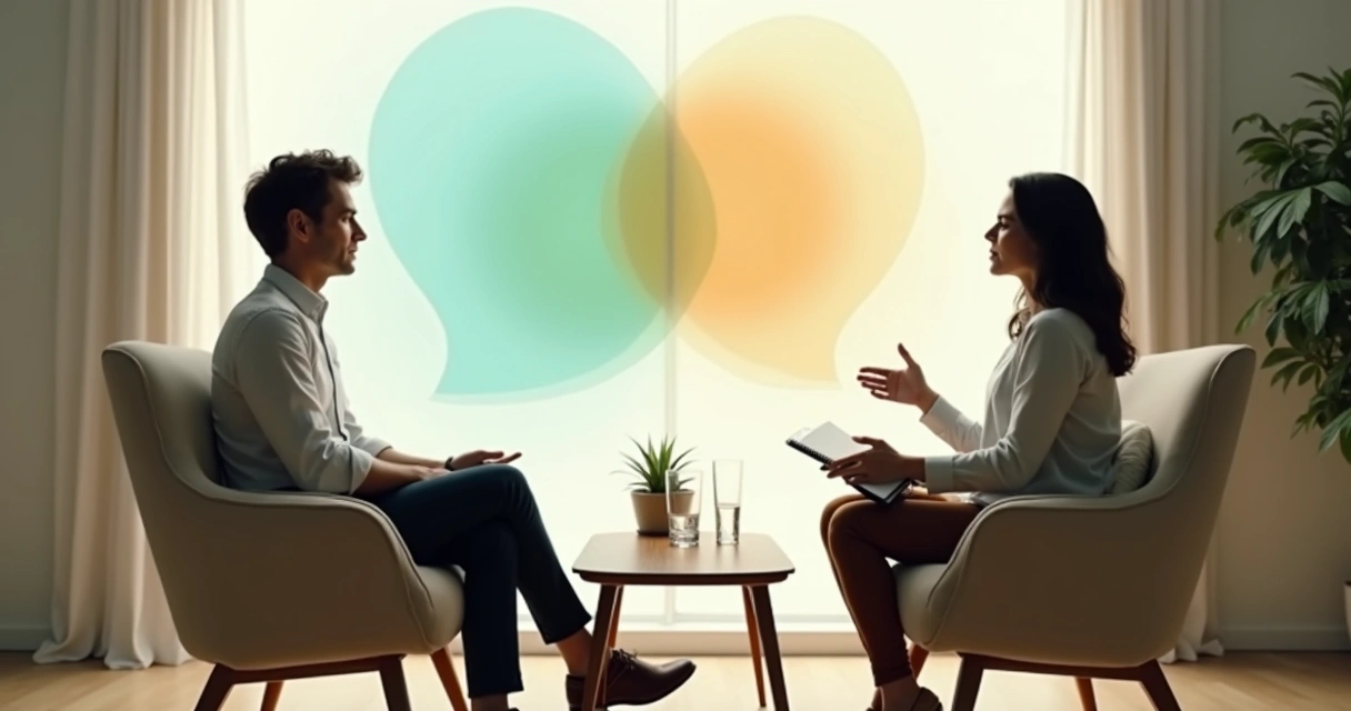 Coach y coachee dialogan en una sala calmada con formas suaves que simbolizan escucha empática 