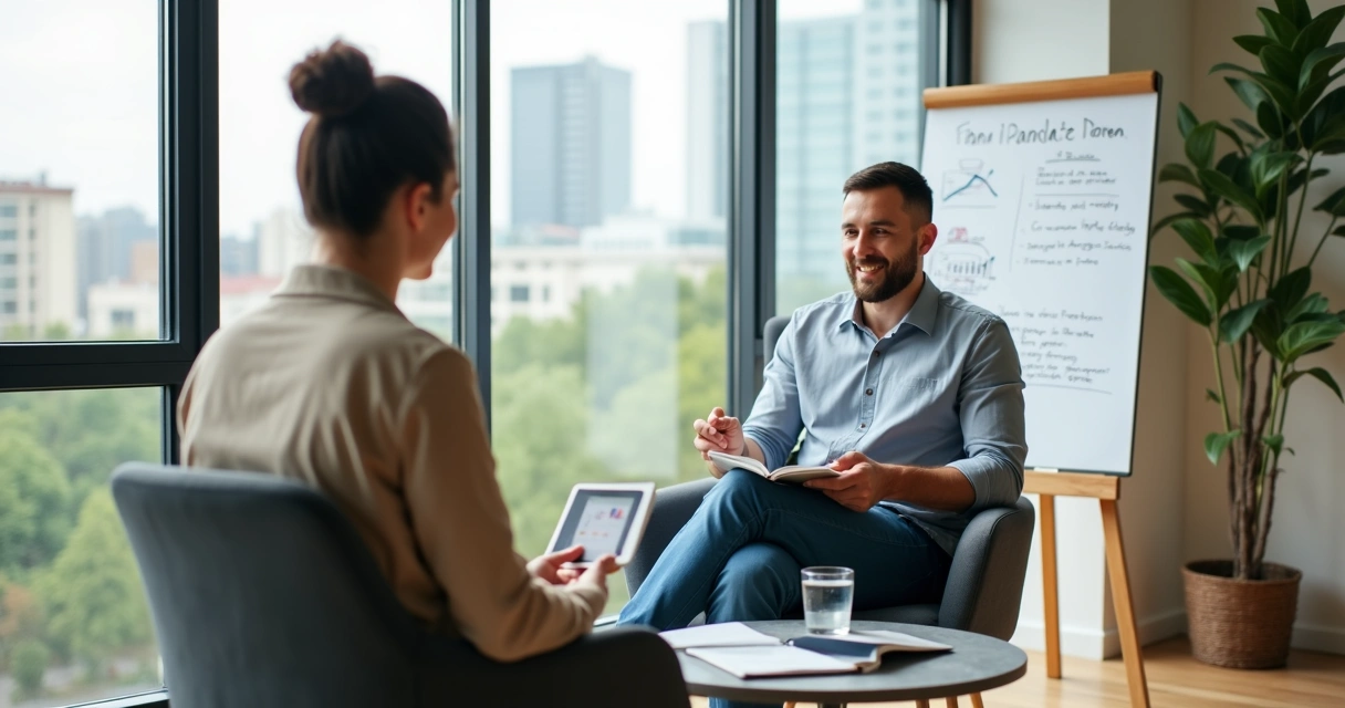 Coach aplicando feedback construtivo com cliente em sessão de coaching 