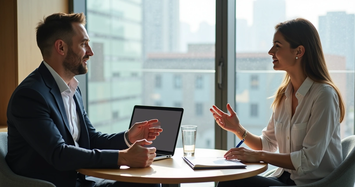 Coach ouvindo atentamente cliente em sessão de coaching 